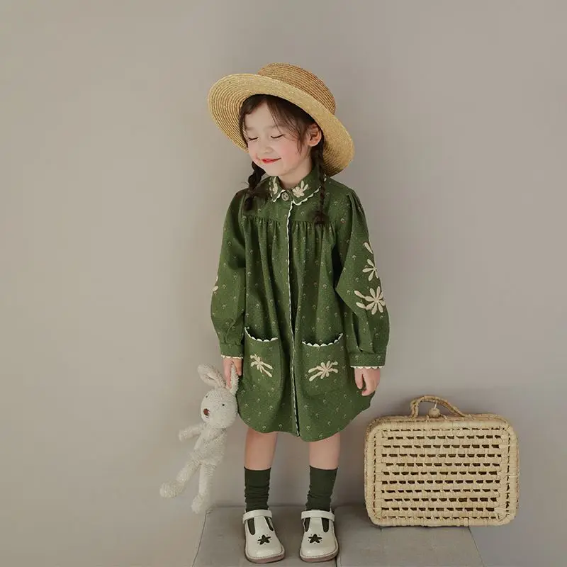 1-10 Years Kids Spring Long Sleeve Green Turn Down Collar Pastoral