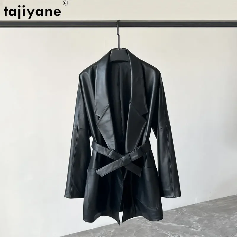 

Tajiyane 2023 Spring Autumn Genuine Sheepskin Leather Jacket Women Mid-length Leather Jackets Elegant Lather Coat Windbreaker