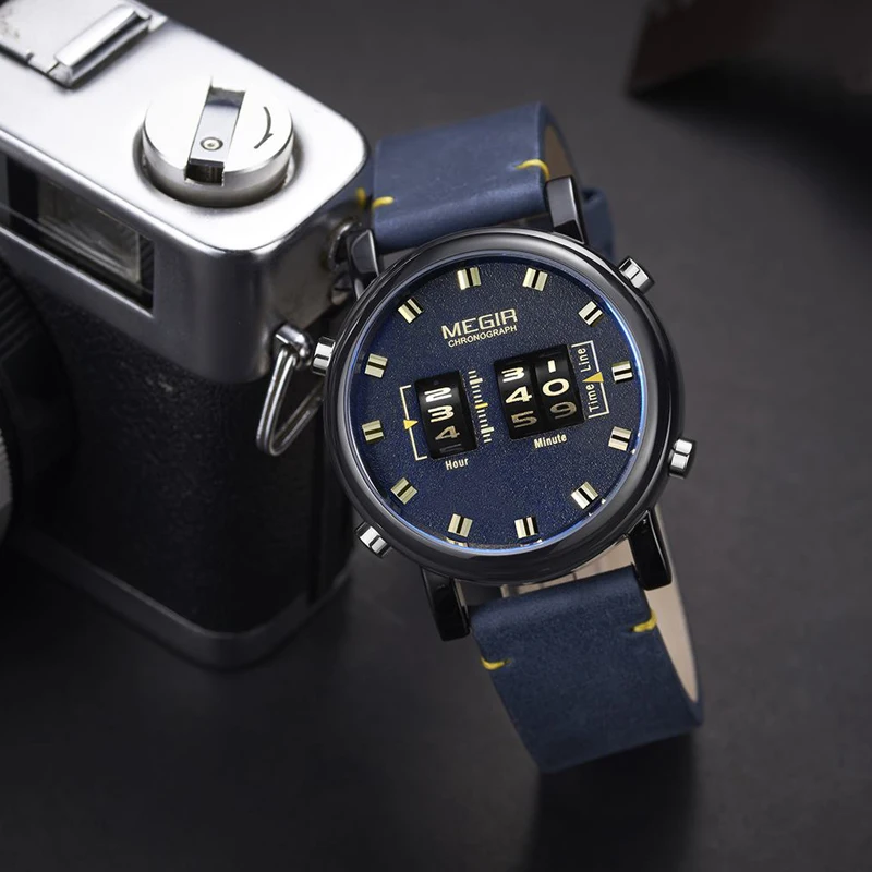 MEGIR Mens Watches Top Brand Luxury Leather Quartz Watch Fashion Scroll Wheel Time Design Sports Wristwatch Relogio Masculino
