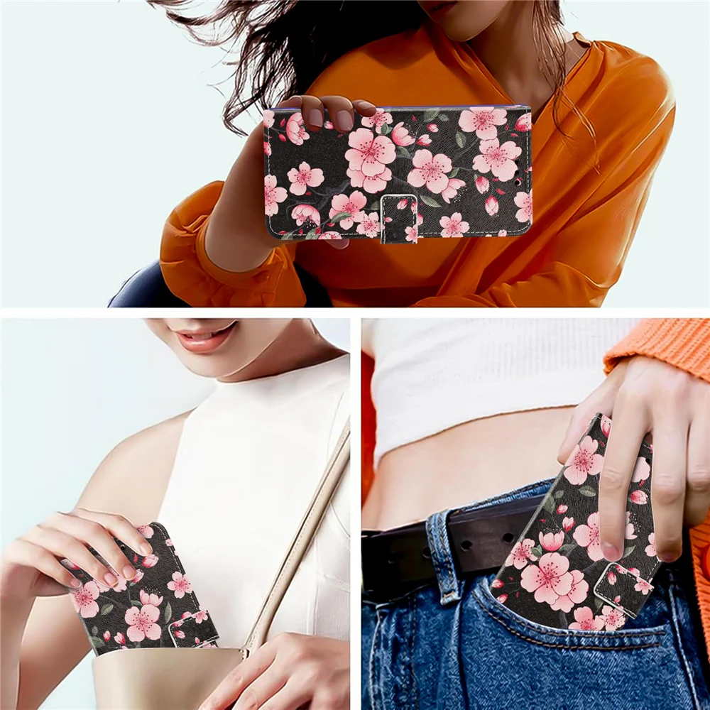Floral Leather Flip Phone Case with Strap - Fashionable Protective Cover
