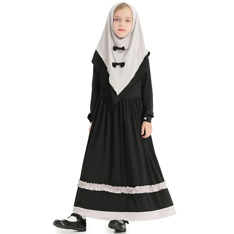 

Children Girls Kids Long-sleeved Dress Robe Headscarf Gown Middle East National Halloween Cosplay Costumes Role Play Outfit