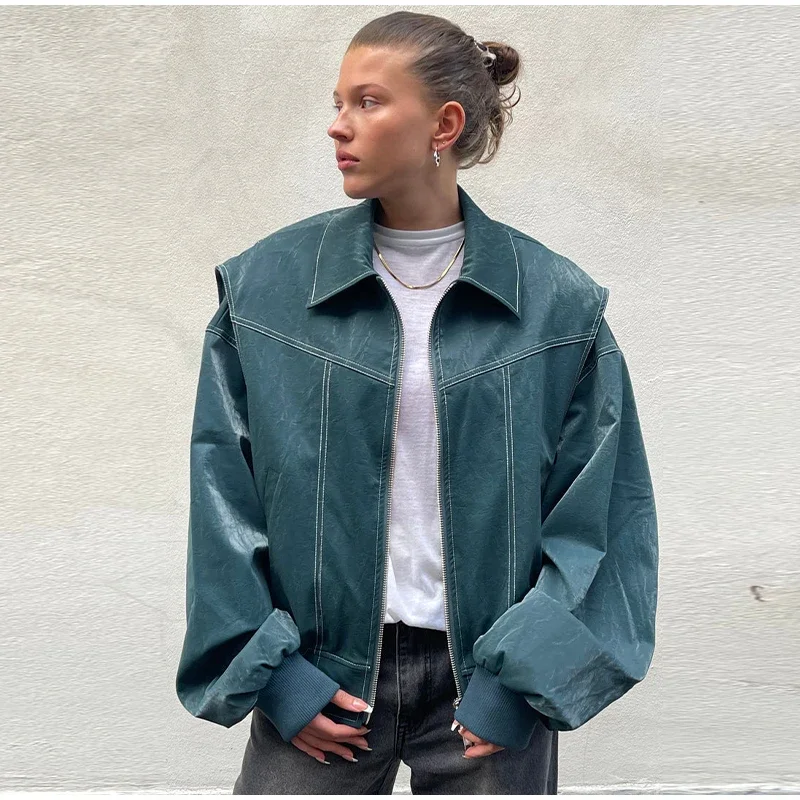 Vintage Solid Lapel Collar Zipper Women's Leather Jacket Casual Fashion Lapel Long Sleeve Coat 2024 Autumn Winter Outwear Tops