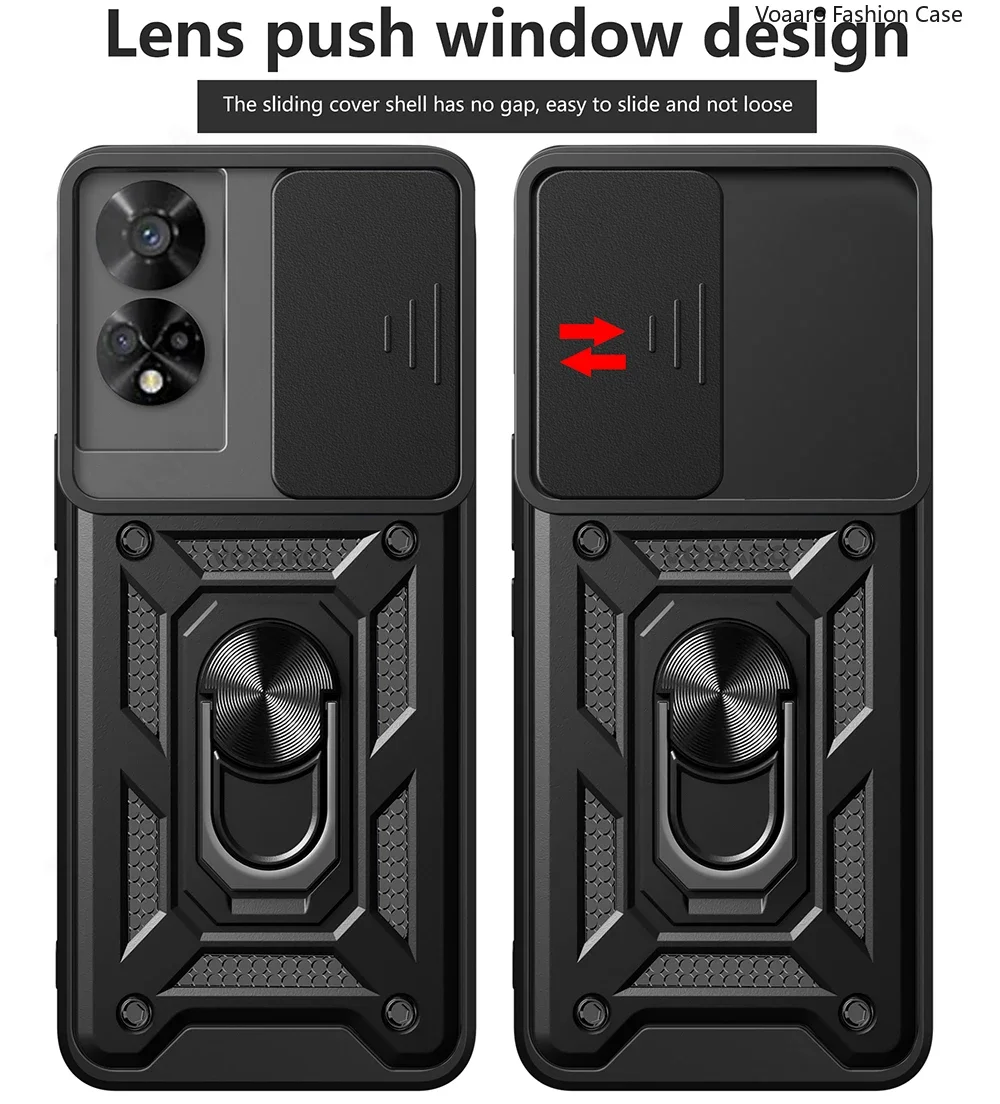 Protective Armor Case Cover with Slide Lens Camera Protection and Magnetic Ring Stand Holder