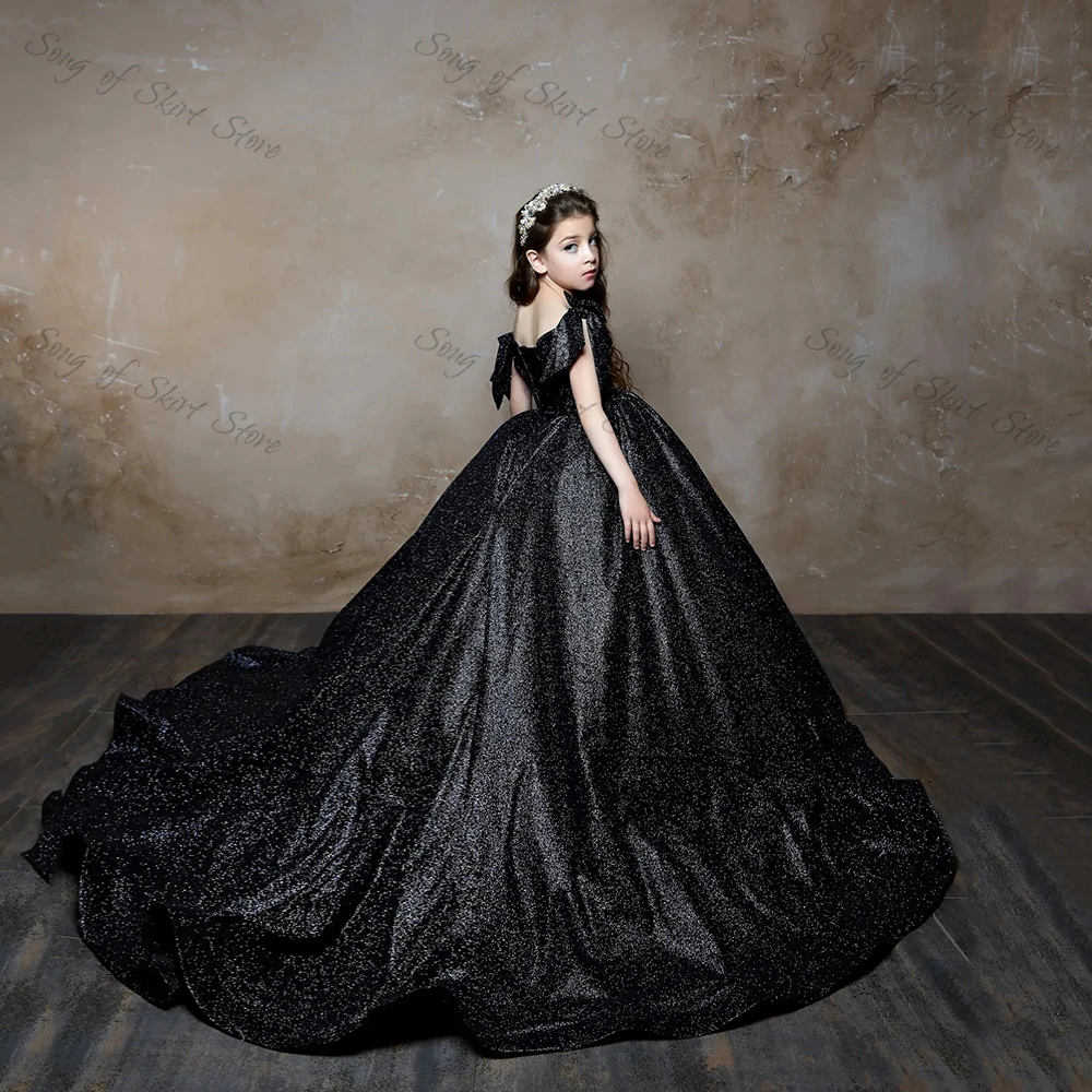 

Black Glitter A-Line Flower Gril Dresses Simple Sweep Train Long Princess Pleat V-Neck Bow kid Birthday Dress