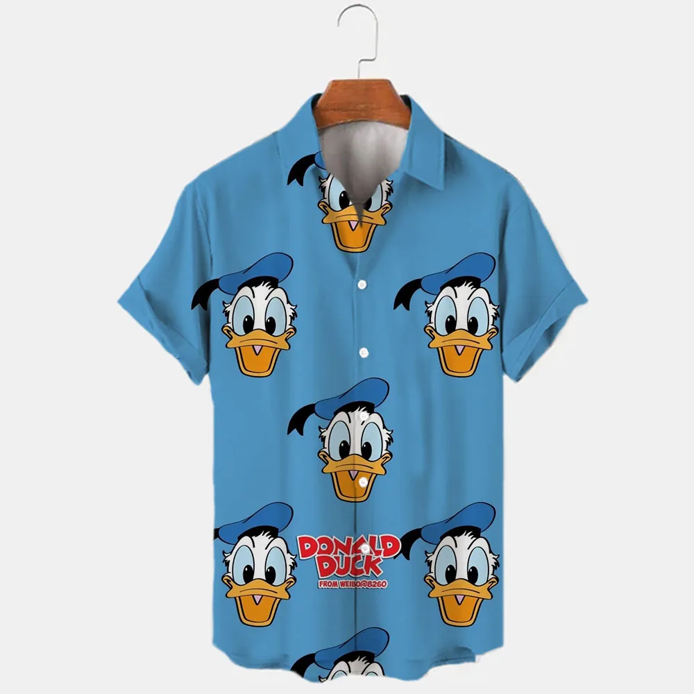 Donald Duck cartoon 3D printing summer street new short-sleeved lapel shirt slim men's fashion Harajuku casual men's tops y2k