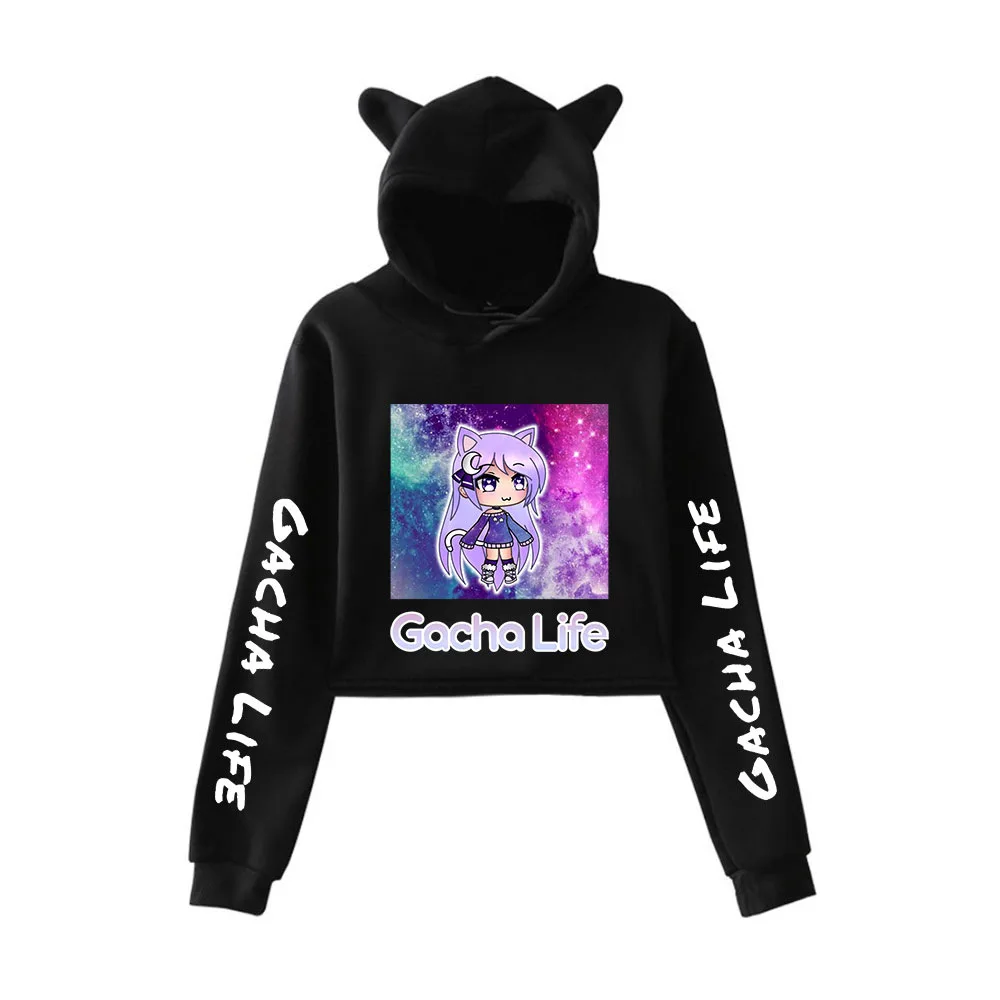 

2020 Game Gacha Life Crop Top Hoodie for Teen Girls Streetwear Hip Hop Kawaii Cat Ear Harajuku Cropped Sweatshirt Pullover