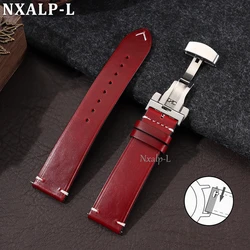 Vintage Oil Wax Cowhide Watchband with Butterfly Clasp - Universal Strap with Quick Release and Detailed Stitching - 22mm (Red)