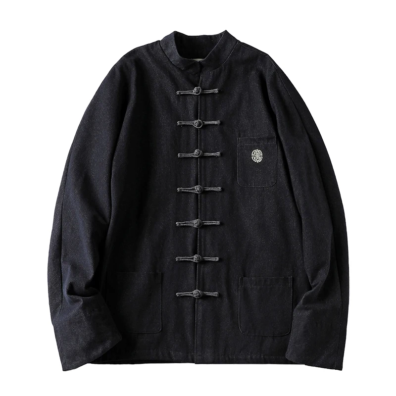 Chinese Style Buckle Improve Tang Suit Men's Top Denim Jacket Coat Fleece-Lined Zhongshan Suit