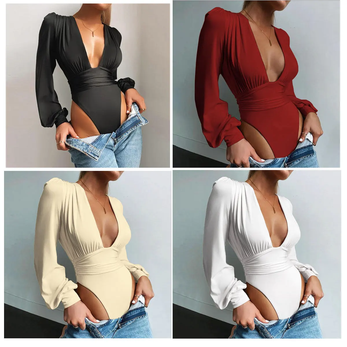 

Euro-american Style 2023 Spring New Women's Fashion Design Sexy Low-cut Solid Color Slim-fit Long-sleeved Jumpsuit Female
