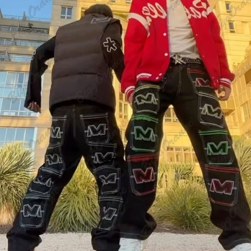 Black jeans plus-size M letter multi-pocket punk vintage y2k pants loose straight leg pants wide leg pants men's casual trousers