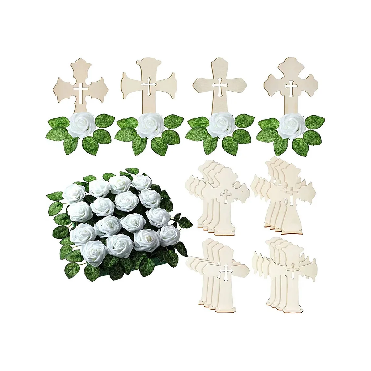 

Standing Wooden Cross Wood Crosses for Crafts with Bases 16 Pcs White Roses Artificial Flowers