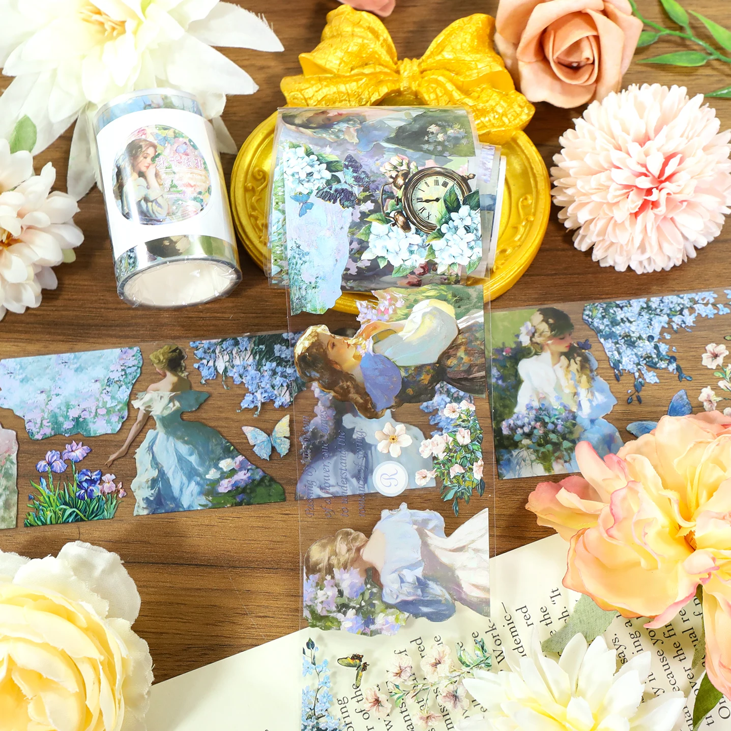 2m/롤 아름다운 아가씨 투명 PET 테이프 꽃 마스킹 테이프 3D 크리스탈 잉크 장식 스티커 일기장/스크랩북/저널용