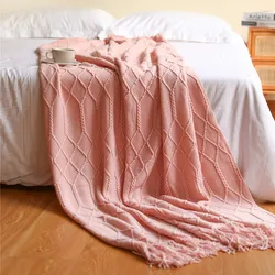 Boho Blue Knitted Throw Blanket with Tassels - Cozy Farmhouse Decor and Gift - 130x230cm (CL pink)