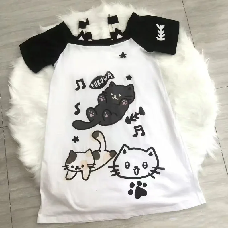 ADAgirl Kawaii Cat Print T-shirts Women Japan Style Kitten Short Sleeve Cutecore Tops Sweet Girl Y2k For Teen Aesthetic Clothes