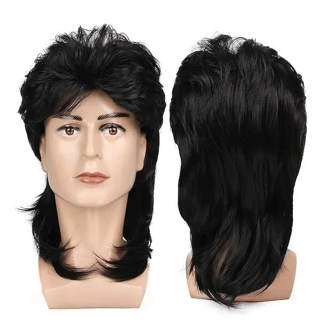 thumbnail image 1 of Pelucas de salmonete para hombres, disfraces de los años 70 y 80, accesorio de fiesta elegante para hombres, peluca de cabello para cosplay de Halloween de color negro, 1 of 5