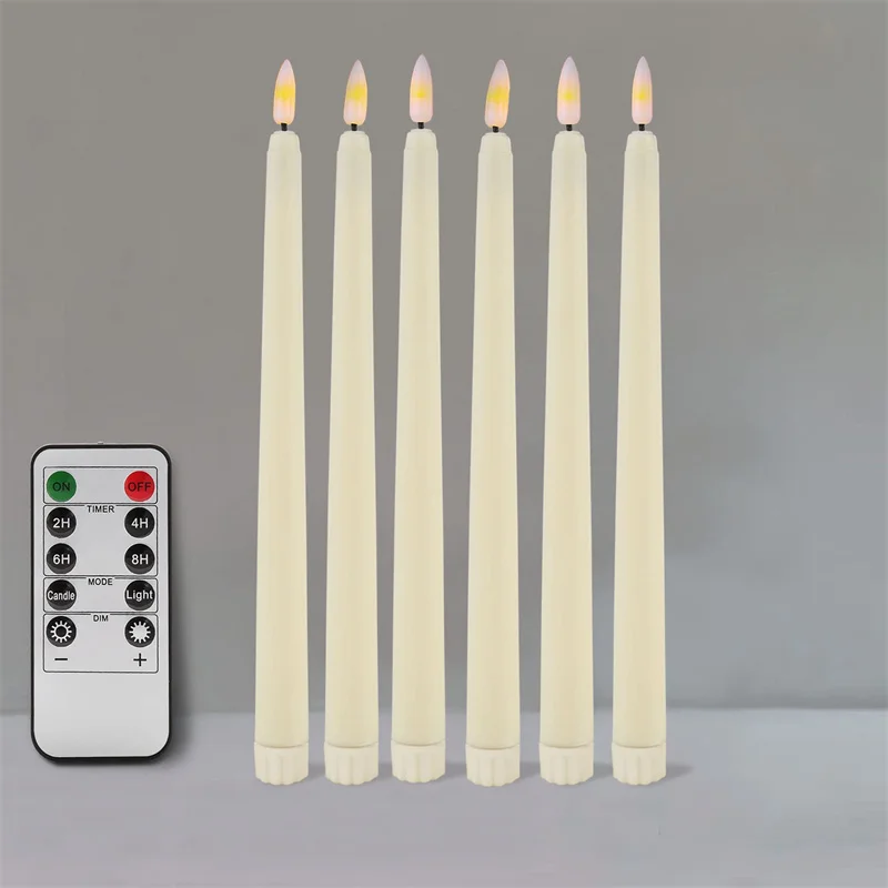 Set Of 6 Real Wax LED Taper Candles, Flameless With 3D Wick & Remote, Battery Operated For Safe, Dripless Home Decor