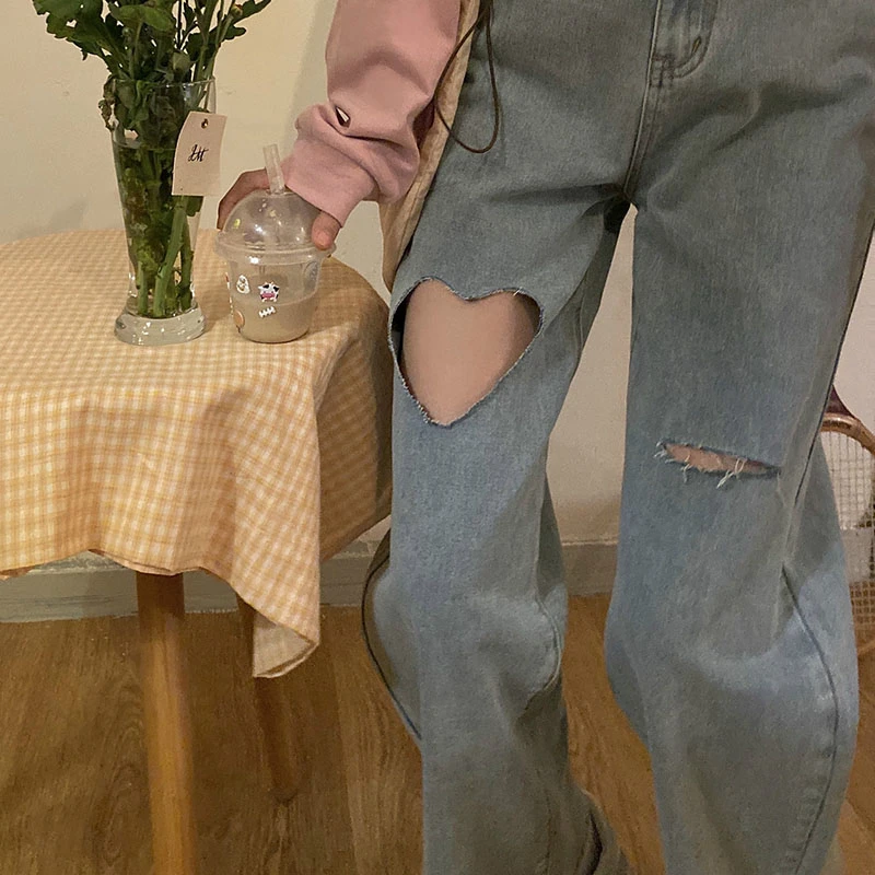 2021 Full Length Trouser Harajuku Streetwear Heart Shaped Hole  Jeans for Women High Waist Mom Jeans Vintage Black Denim Pants sexy hole boyfriend jeans women high waist elastic ripped mom jeans streetwear slim denim pencil pants ladies skinny trouser