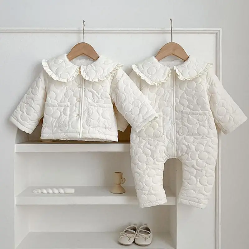 Baby Girl Winter Coat Cotton Infant Large Lapel Floral Padded Jacket Plus Velvet Thick Kids Cardigan