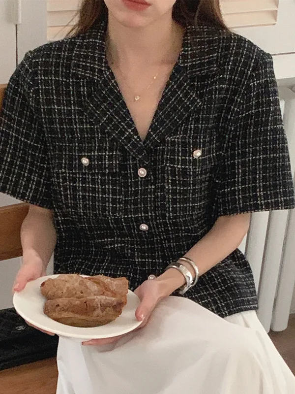 시크 여름 빈티지 개성 수트 칼라 진주 싱글 버튼 루즈핏 다용도 반팔 체크 여성 스몰 재킷