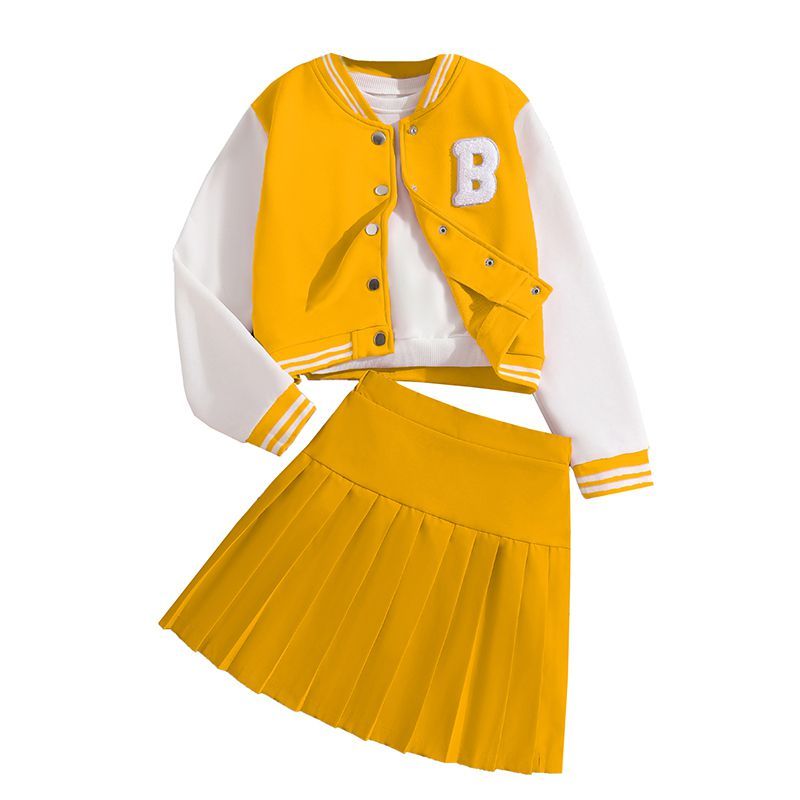 Fashion Clothes Sets For Girls Pink Letter Long Sleeve Coat And Pink Pleated Skirt Sweet Lovely Causal Sport Style Daily Outfits