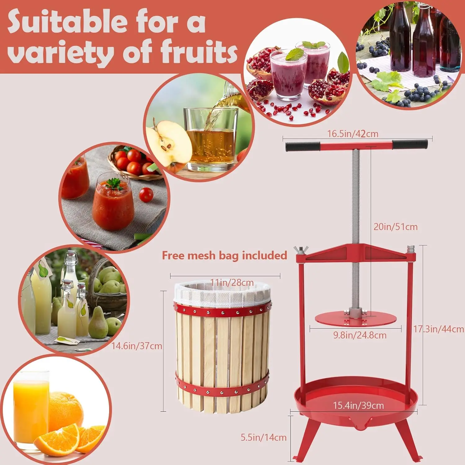 Solid Wood Basket- 4.75 Gallon/18L-T Handle Bar-More Stable-Vintage traditional juicer 3
