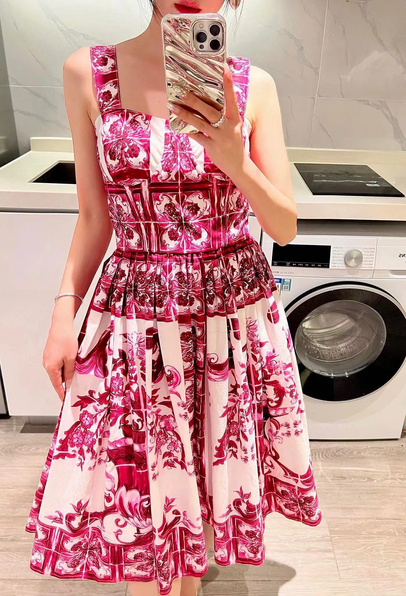

High Quality Summer Women Fashion Runway Designer Sleeveless Porcelain Printed Sexy Midi Cotton Dresses
