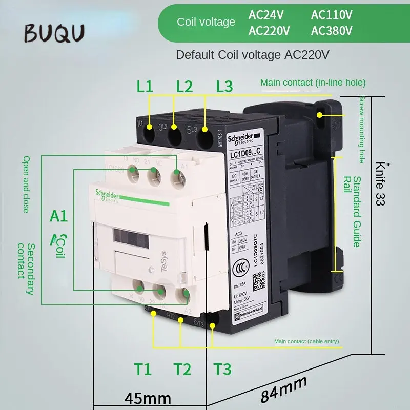 schneider AC contactor New black Rail Mounted contactor 1NO 1NC Coil Voltage 24v 110V 220V 380V 3 Phase 3-Pole 50/60Hz lc1d32