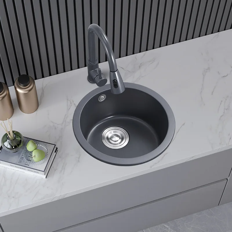 

Quartz stone kitchen sink circular sink single slot mini bar island Taiwan western kitchen small pool basin small sink.