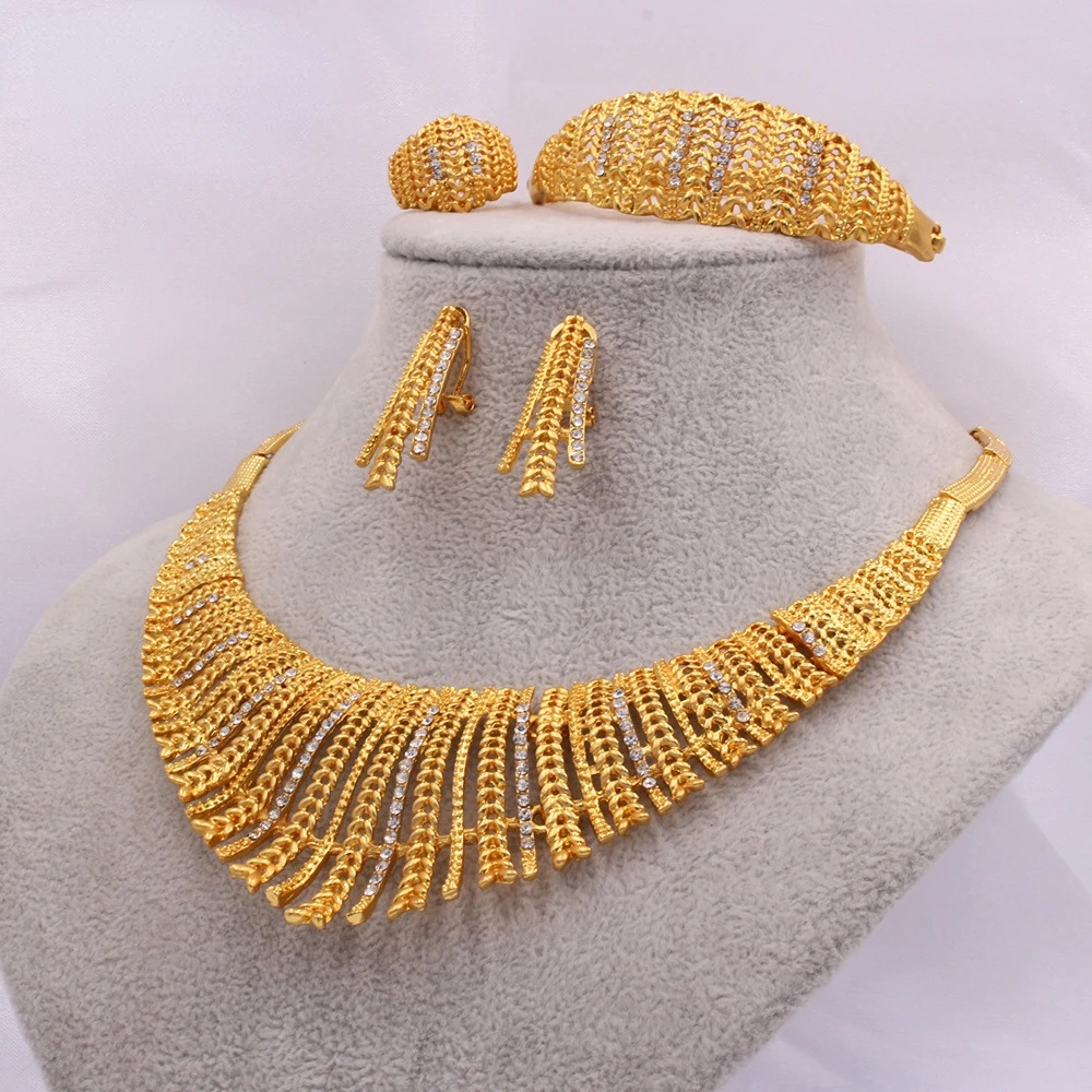 

Dubai Bride 24K Gold Plated Necklace Earring Ring Bracelet Four Piece African Jewelry Set Brazil Wedding Gift Birthday