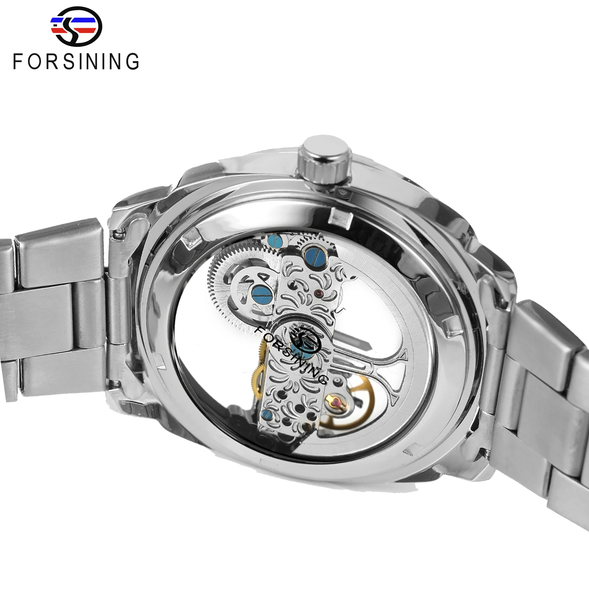 Mechanical Watch Forsining Men Transparent Design Mechanical Watch Automatic Silver Square Golden Gear Skeleton Stainless Steel Belts Clock Saati Mechanical Watch