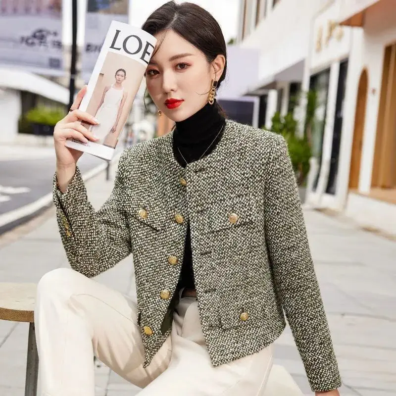 

Vintage Elegant Texture Thick Tweed Jackets for 2024 Long Sleeve Single Breasted Short Coats Ladies Temperament Outwears C01