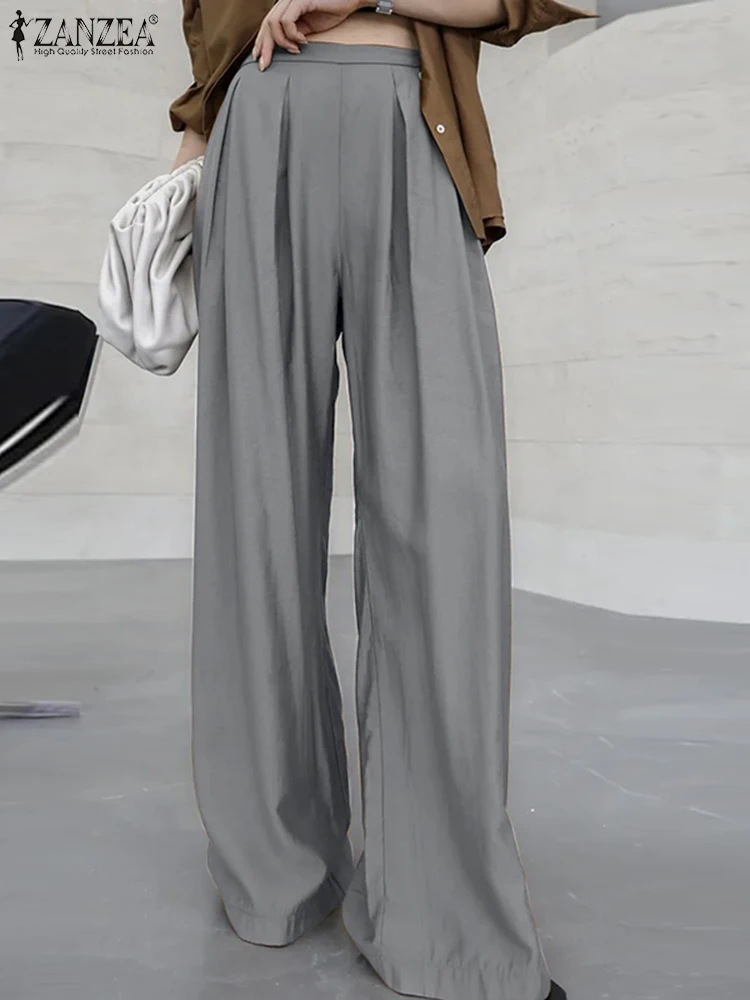 

ZANZEA Women Korean Fashion Streetwear Pants Office Lady Pockets Wide Leg Long Trousers Casual Loose Pleated Commuting Pantalon