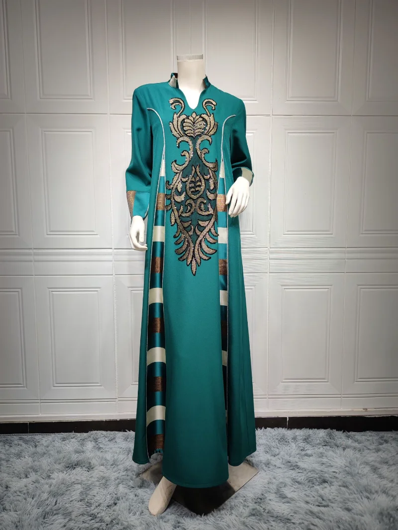 Islam Abaya Dress for Women, Beaded Embroidery Robe, Musulmane, Spliced Stripe Women's Dress for Middle East Arabia