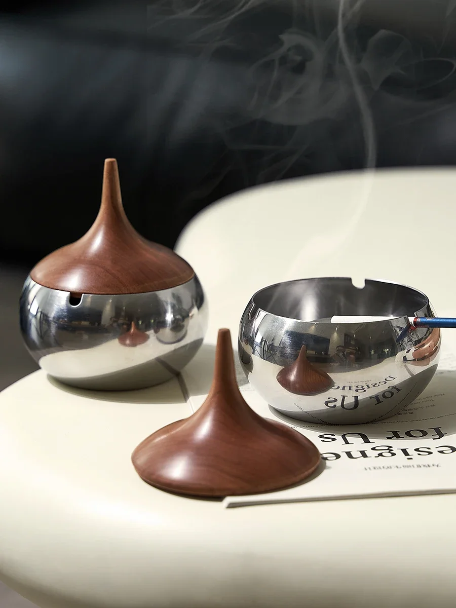 

Simple cherry wood stainless steel ashtray, creative and personalized home anti fly ash, home living room, internet red decorati