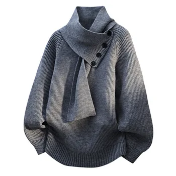 New Fashion Design Men Scarf Collar Pullover Sweaters Men Spring Autumn Outwear Loose Csual Knitted Sweaters Size 4XL