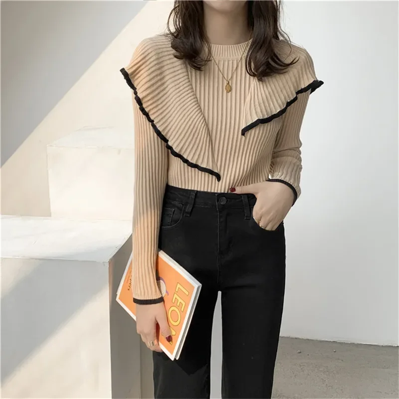 

2022 Spring Ew Korean Style Flounce Stitching Pullover Sweaters OL Basic Bottoming Knit Sweater Slim Warm Thick Knitted Tops