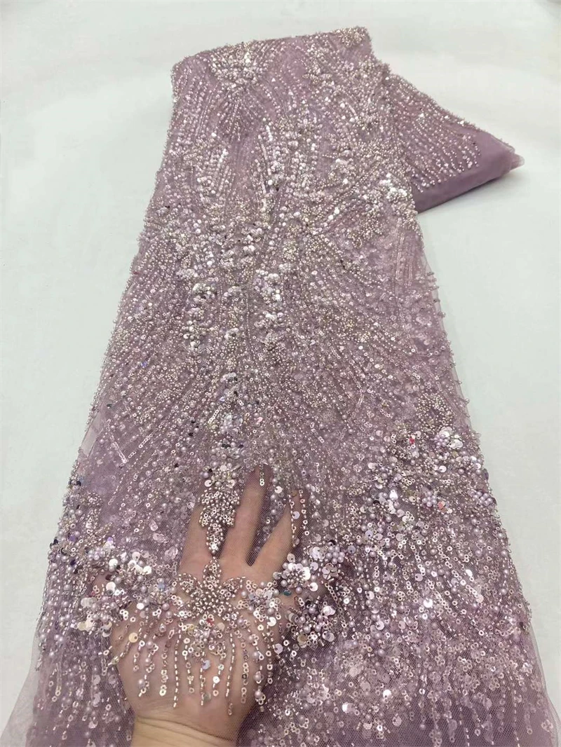 

High-end Heavy Beaded Fabric, Latest African Luxury Sequins Groom Embroidery, French Tulle Lace for Sewing Wedding,5 Yards