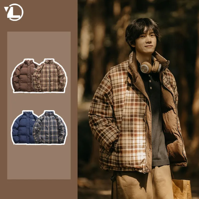 

Japanese Double-sided Cotton Jacket Men Checkered Retro Loose Couple Winter Parkas Stand Collar Thicken Fluffy Coat Lightweight
