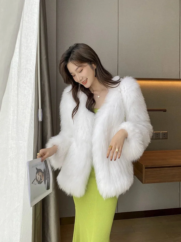 Chaqueta tejida de piel natural de zorro para mujer, abrigos de invierno cálidos y esponjosos elegantes con cuello en V de color liso de alta gama
