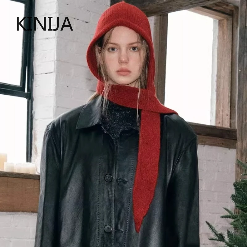 Koreanische Kapuzenschal-Balaclava-Mütze mit Ohrenschutz, warme Mütze für Damen, Retro-Mütze mit Schleife, Winter-Accessoires, gestrickte Mütze.