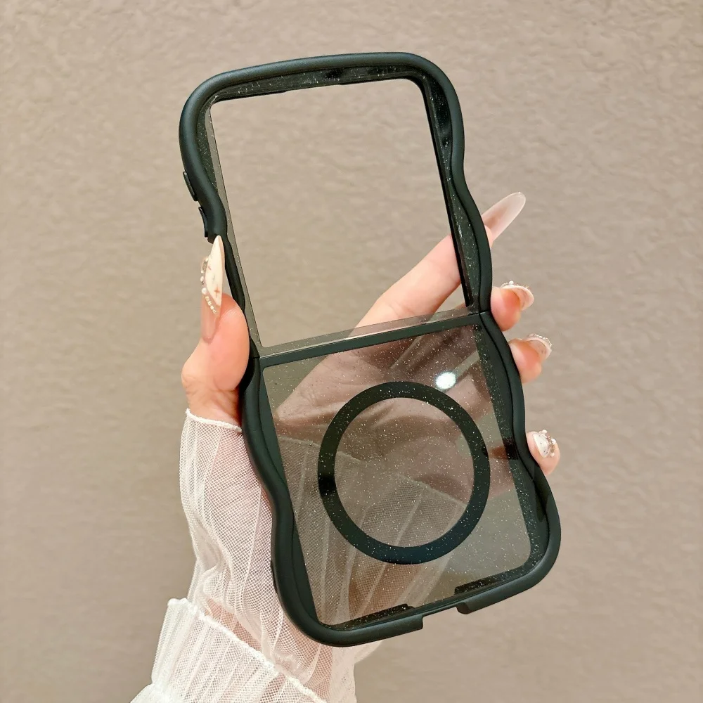 Luxury Transparent Glitter Case with Magnetic Wave Border, Shockproof Cover