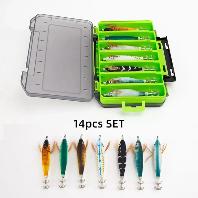 Squid Jig Wooden Shrimp Fishing Lure 14pcs Set 10cm 9g Luminous Squid Jig  Hook Storage Box Cuttlefish Octopus Hard Bait Pesca - AliExpress