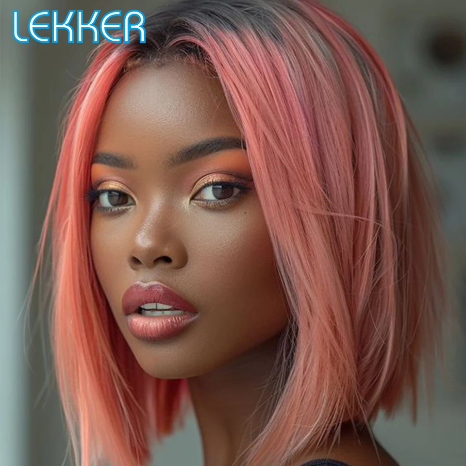 

Lekker Ombre Pink Short Straight Bob 13x6x1 Lace Front Human Hair Wigs For Women Brazilian Remy Hair Colored 8-14 Dark Roots Wig