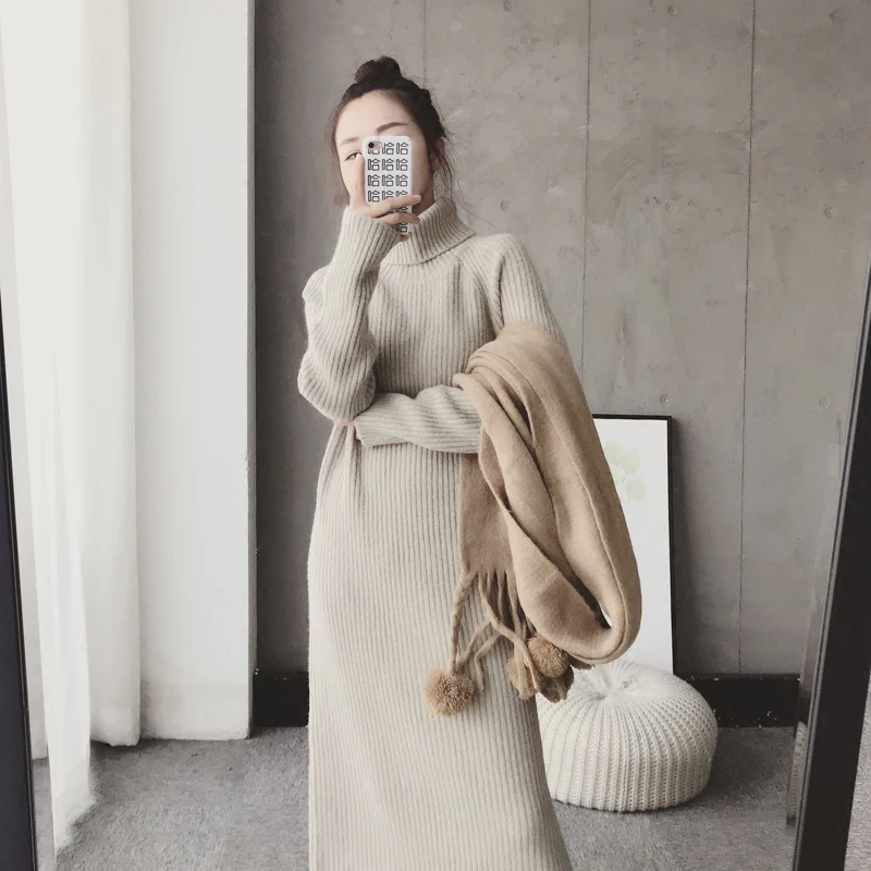 

Lazy Fashion Elegant Knitted Dress Autumn New Korean Style Thick Loose Turtleneck Sweater Dresses Women Hiver Femme Knitwear