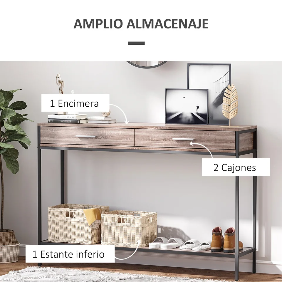 HOMCOM Tavolo Consolle Ingresso Moderno 105 Cm | 2 Cassetti E Ripiani | Struttura Metallica A X | Bianco - 2