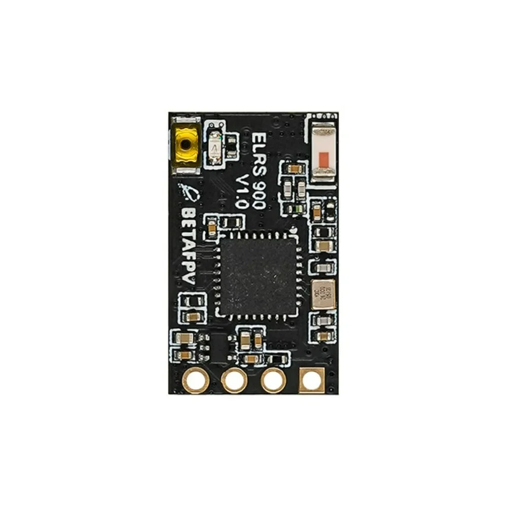 Antenne FPV ELRS haute performance pour drone, dépliée à 120mm, avec un drone en arrière-plan flou.