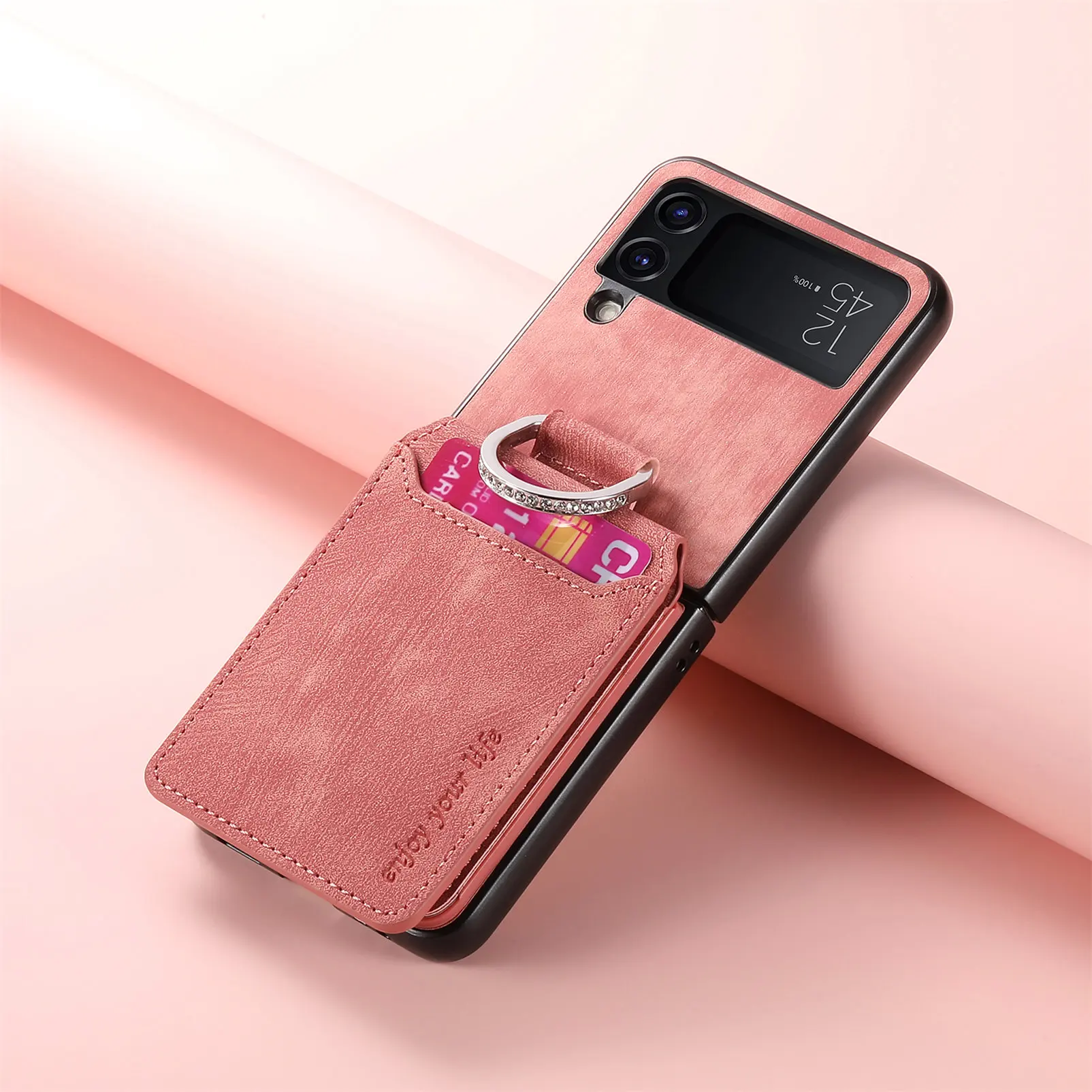 Leather Wallet Case with Vertical Card Slot and Ring Holder - Flip Stand Cover and Pocket Bag