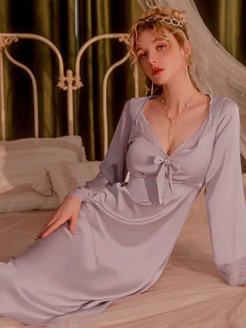 Marthaqiqi Lace Patchwork Female Sleepwear Sexy V-Neck Pajamas Long Sleeve Nightgowns Mid-Calf Dress Elegant Women Nightwear