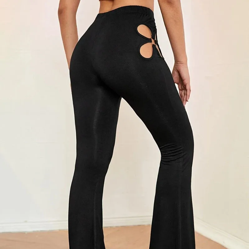 Korean Fashion 2023 Women's Hollow Out Pants Wide Leg Pants Casual Flare Pant High Waist Loose Trousers Black Red Green Brown