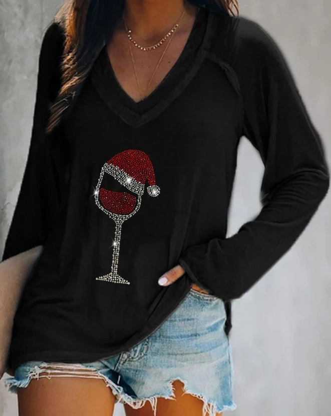 

Christmas Wine Glass Print Women Casual Sweatshirt Temperament Commuting New Women's Long Sleeve Fashion V Neck Loose Pullovers